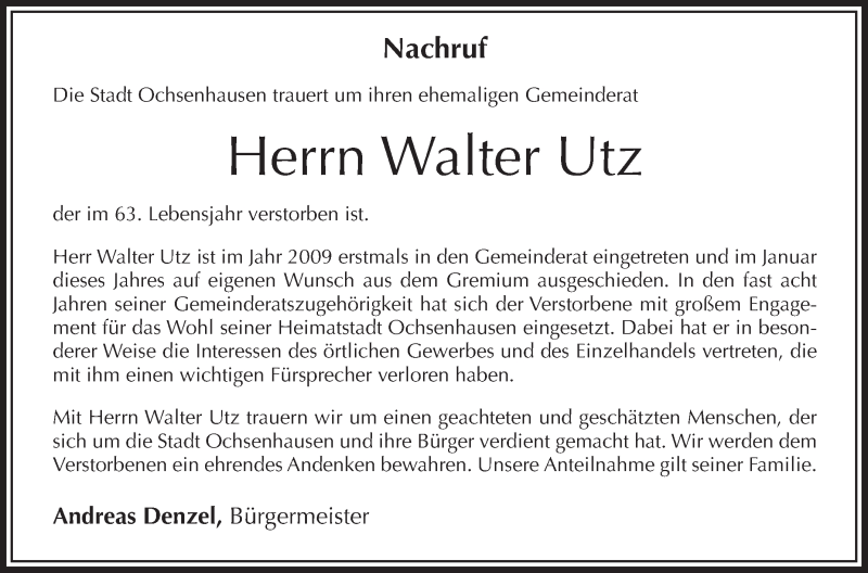  Traueranzeige für Walter Utz vom 28.06.2017 aus Schwäbische Zeitung