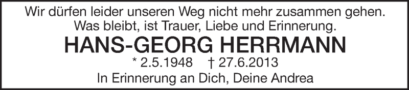  Traueranzeige für Hans-Georg , 'HANSI' Herrmann vom 27.06.2017 aus Schwäbische Zeitung