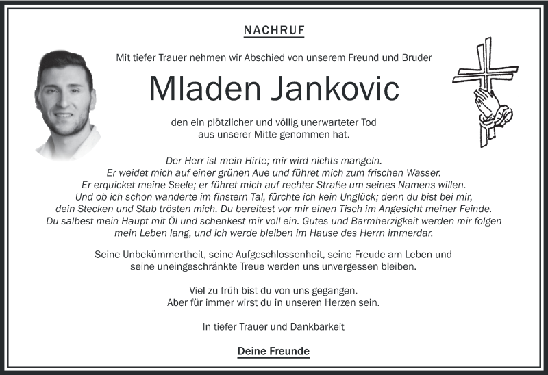  Traueranzeige für Mladen Jankovic vom 30.06.2017 aus Schwäbische Zeitung