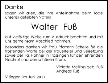 Anzeige von Walter Fuß von Schwäbische Zeitung