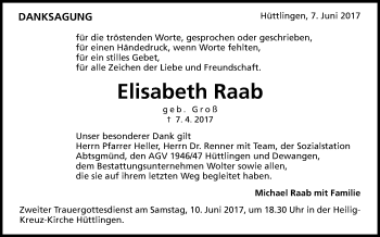 Anzeige von Elisabeth Raab von Schwäbische Zeitung