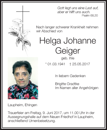 Traueranzeigen von Helga Johanne Geiger | schwaebische.de Trauerportal