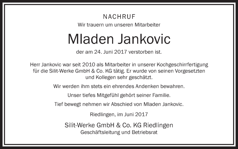  Traueranzeige für Mladen Jankovic vom 29.06.2017 aus Schwäbische Zeitung
