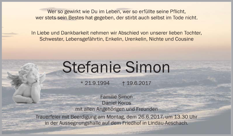  Traueranzeige für Stefanie Simon vom 24.06.2017 aus Schwäbische Zeitung