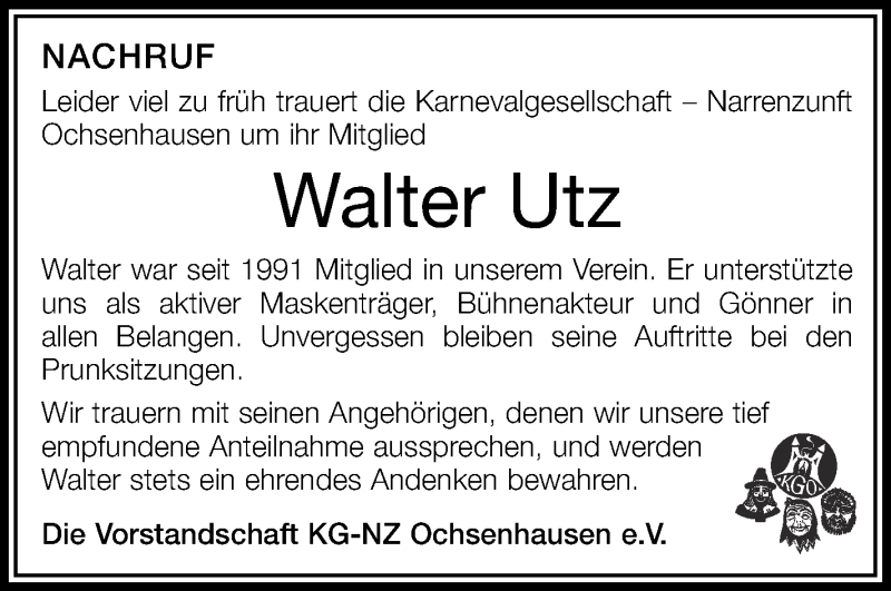  Traueranzeige für Walter Utz vom 30.06.2017 aus Schwäbische Zeitung
