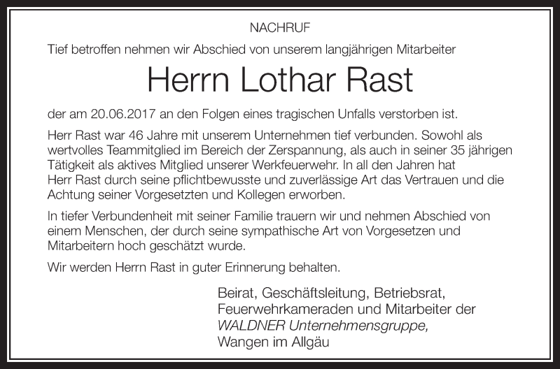  Traueranzeige für Lothar Rast vom 27.06.2017 aus Schwäbische Zeitung