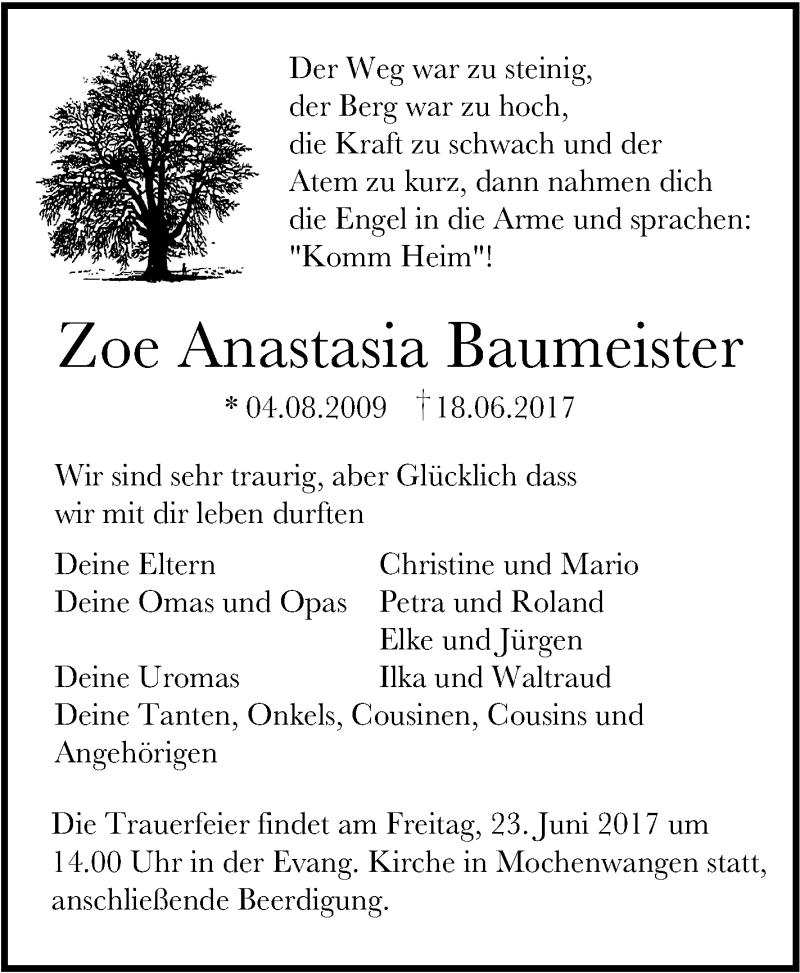  Traueranzeige für Zoe Anastasia Baumeister vom 21.06.2017 aus Schwäbische Zeitung