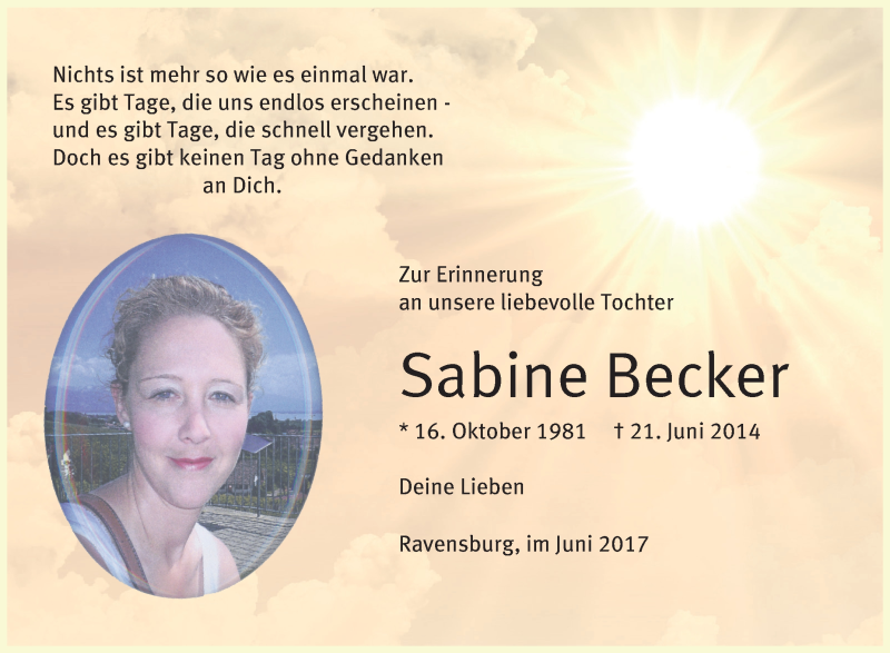  Traueranzeige für Sabine Becker vom 21.06.2017 aus Schwäbische Zeitung