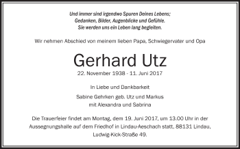 Anzeige von Gerhard Utz von Schwäbische Zeitung