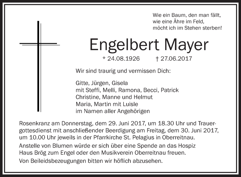  Traueranzeige für Engelbert Mayer vom 28.06.2017 aus Schwäbische Zeitung