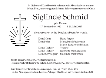 Anzeige von Siglinde Schmid von Schwäbische Zeitung