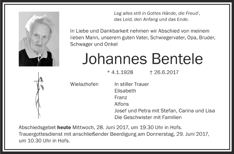  Traueranzeige für Johannes Bentele vom 28.06.2017 aus Schwäbische Zeitung