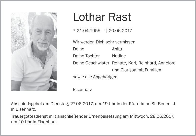  Traueranzeige für Lothar Rast vom 24.06.2017 aus Schwäbische Zeitung