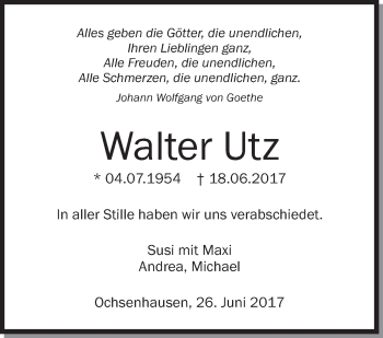 Anzeige von Walter Utz von Schwäbische Zeitung