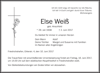 Anzeige von Else Weiß von Schwäbische Zeitung