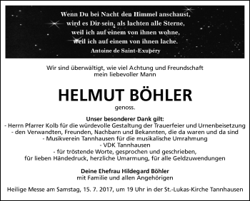 Anzeige von Helmut Böhler von Schwäbische Zeitung