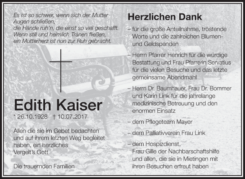  Traueranzeige für Edith Kaiser vom 27.07.2017 aus Schwäbische Zeitung