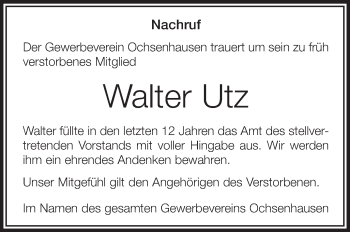 Anzeige von Walter Utz von Schwäbische Zeitung