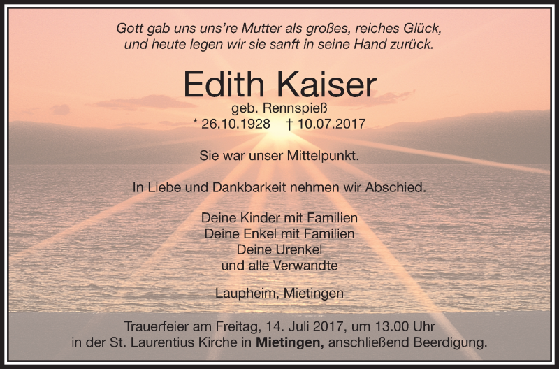  Traueranzeige für Edith Kaiser vom 12.07.2017 aus Schwäbische Zeitung