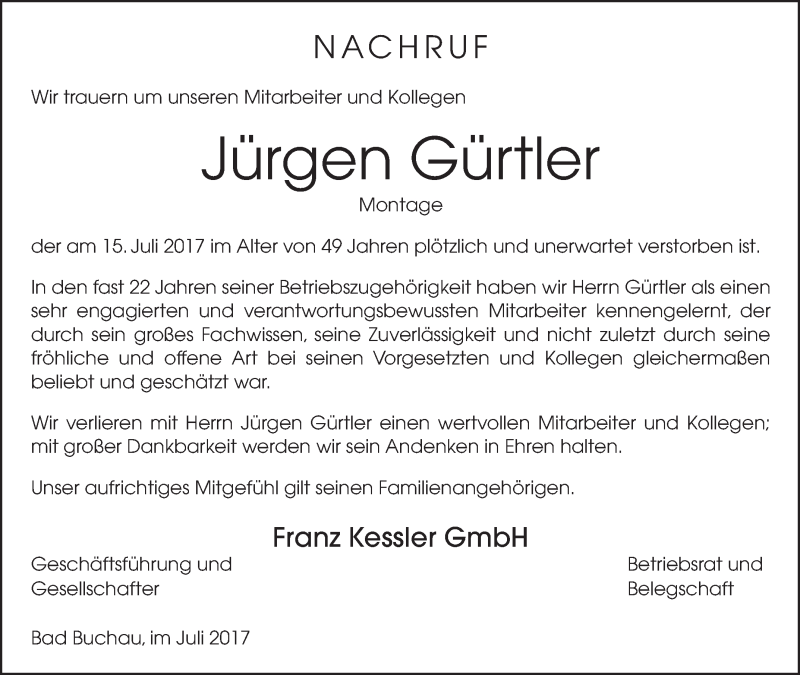  Traueranzeige für Jürgen Gürtler vom 22.07.2017 aus Schwäbische Zeitung