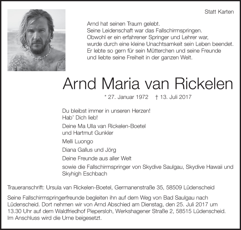  Traueranzeige für Arnd Maria  van Rickelen vom 25.07.2017 aus Schwäbische Zeitung