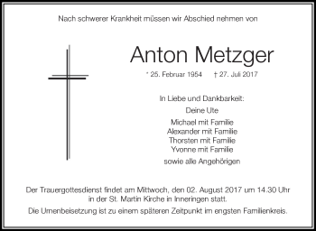 Anzeige von Anton Metzger von Schwäbische Zeitung