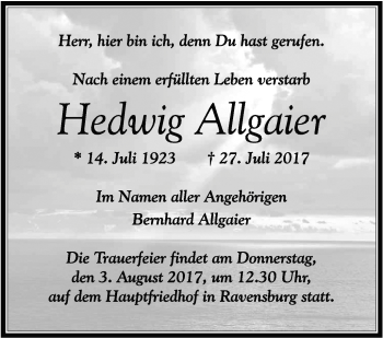 Anzeige von Hedwig Allgaier von Schwäbische Zeitung