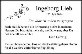 Anzeige von Ingeborg Lieb von Schwäbische Zeitung