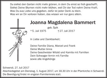 Anzeige von Joanna Magdalena Bammert von Schwäbische Zeitung