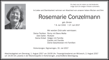 Anzeige von Rosemarie Conzelmann von Schwäbische Zeitung