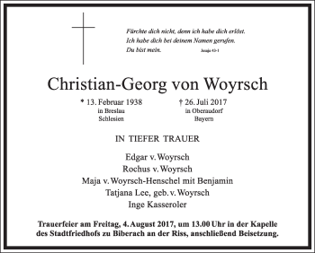 Anzeige von Christian-Georg von Woyrsch von Schwäbische Zeitung