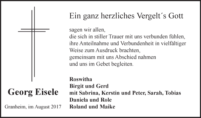  Traueranzeige für Georg Eisele vom 12.08.2017 aus Schwäbische Zeitung