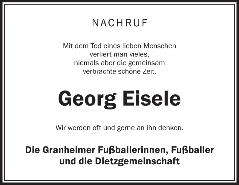  Traueranzeige für Georg Eisele vom 05.08.2017 aus Schwäbische Zeitung