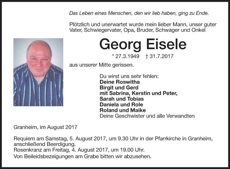  Traueranzeige für Georg Eisele vom 03.08.2017 aus Schwäbische Zeitung
