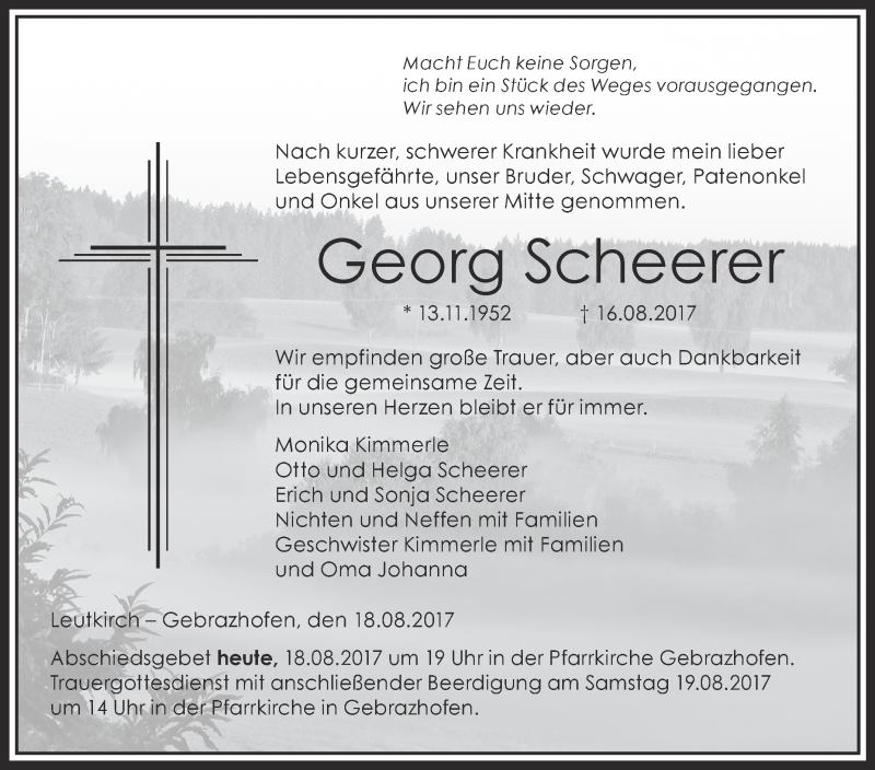  Traueranzeige für Georg Scheerer vom 18.08.2017 aus Schwäbische Zeitung