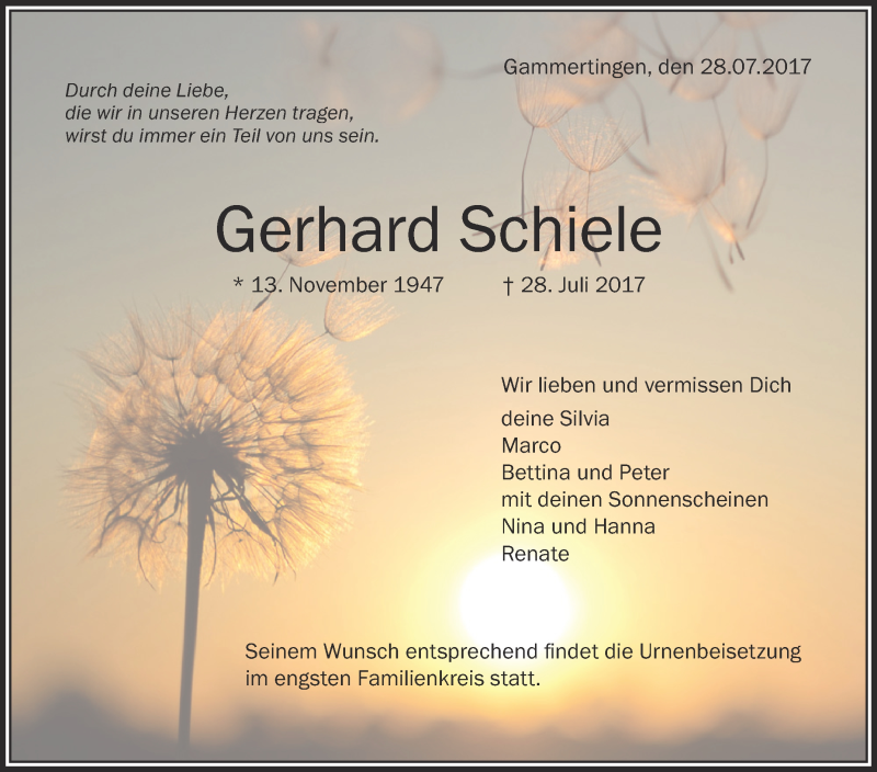  Traueranzeige für Gerhard Schiele vom 01.08.2017 aus Schwäbische Zeitung