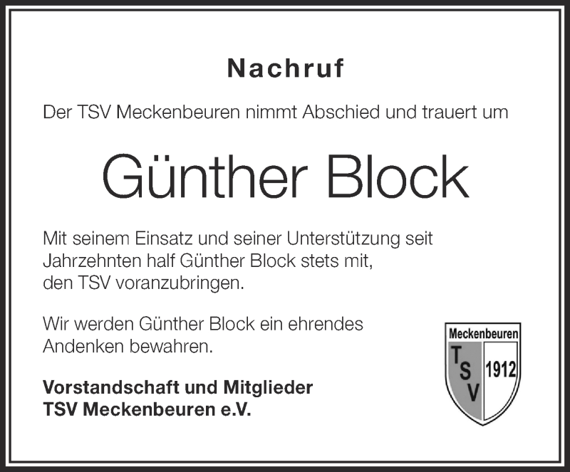  Traueranzeige für Günther Block vom 16.08.2017 aus Schwäbische Zeitung