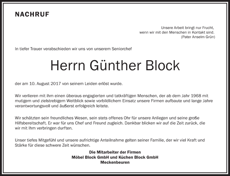  Traueranzeige für Günther Block vom 14.08.2017 aus Schwäbische Zeitung
