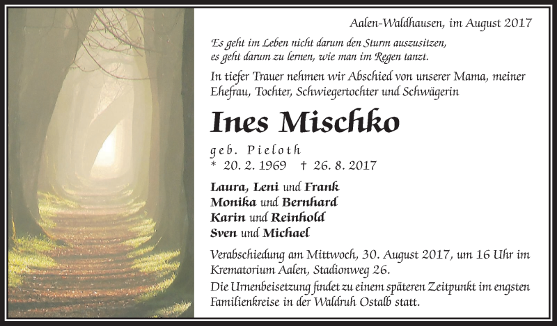  Traueranzeige für Ines Mischko vom 29.08.2017 aus Schwäbische Zeitung