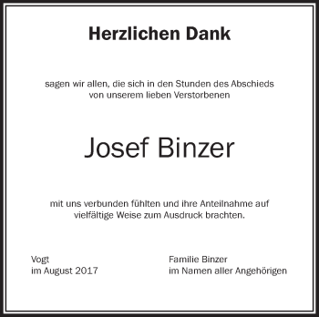 Anzeige von Josef Binzer von Schwäbische Zeitung