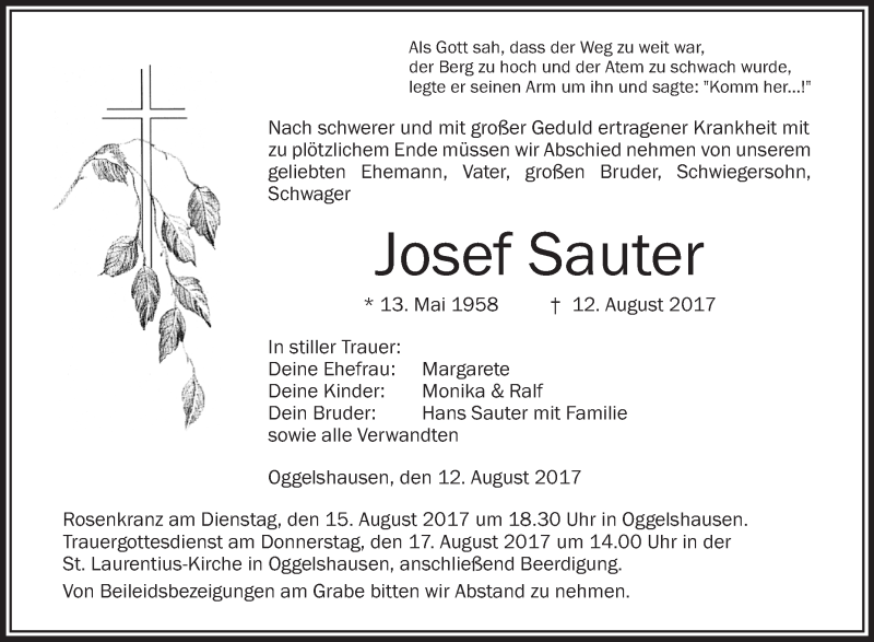  Traueranzeige für Josef Sauter vom 15.08.2017 aus Schwäbische Zeitung