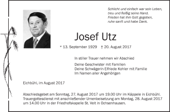 Anzeige von Josef Utz von Schwäbische Zeitung