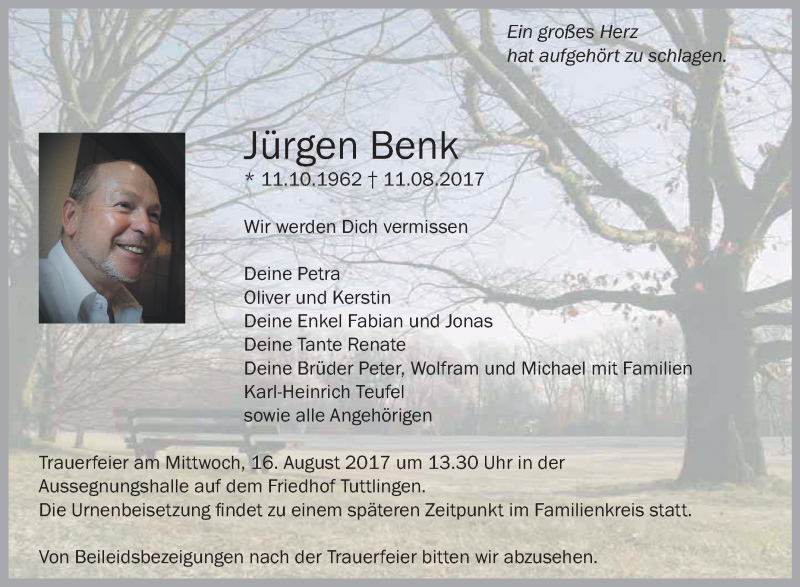  Traueranzeige für Jürgen Benk vom 14.08.2017 aus Schwäbische Zeitung
