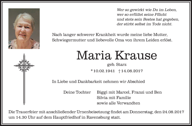 Traueranzeige von Maria Krause | schwaebische.de Trauerportal