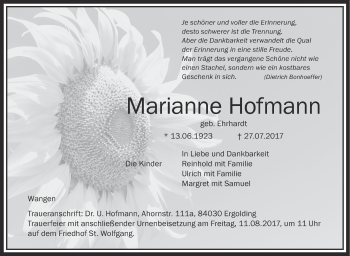 Anzeige von Marianne Hofmann von Schwäbische Zeitung