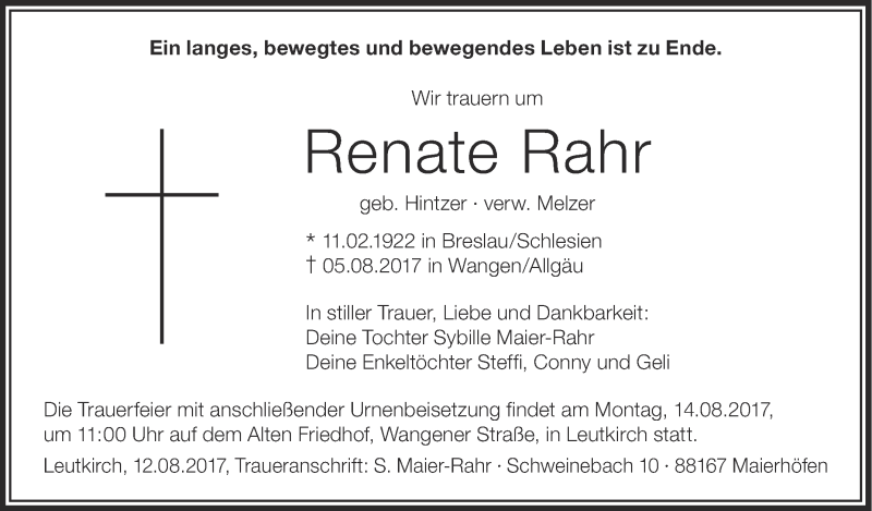  Traueranzeige für Renate Rahr vom 12.08.2017 aus Schwäbische Zeitung