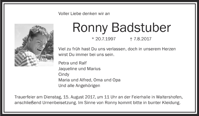  Traueranzeige für Ronny Badstuber vom 12.08.2017 aus Schwäbische Zeitung