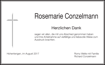 Anzeige von Rosemarie Conzelmann von Schwäbische Zeitung