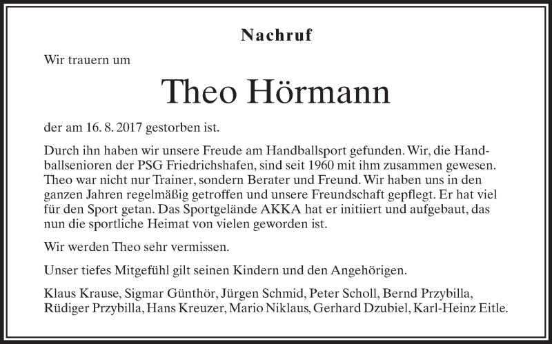  Traueranzeige für Theo Hörmann vom 22.08.2017 aus Schwäbische Zeitung