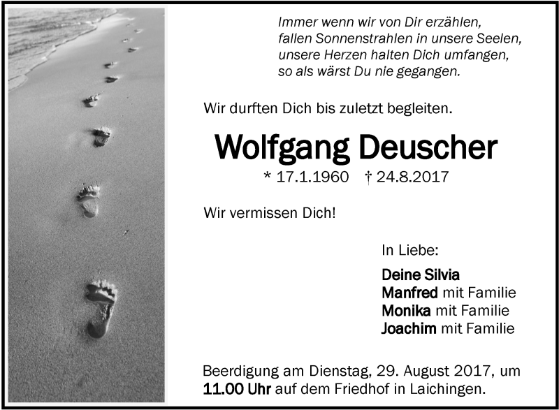  Traueranzeige für Wolfgang Deuscher vom 26.08.2017 aus Schwäbische Zeitung